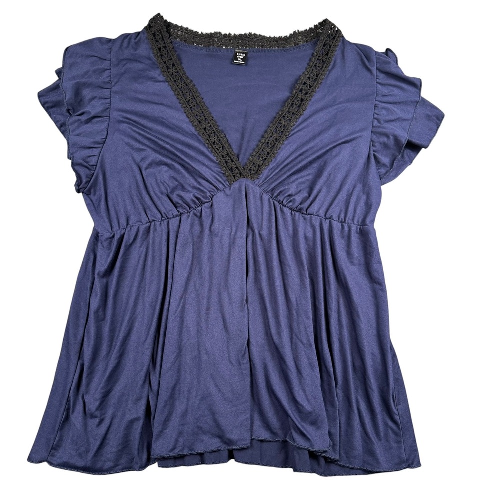 Womens Babydoll Blouse Navy Blue Lace Trim Empire Waist Flowy Top‎ 1XL SHEIN 967